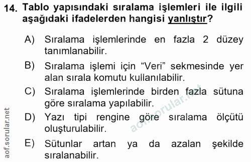 14. soru: Tablo yapısındaki sıralama işlemleri ile ilgili aşağıdaki ifadelerden hangisi yanlıştır? A) Sıralama işlemlerinde en…