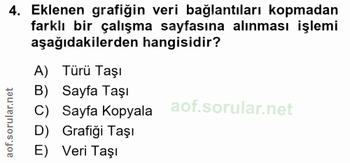 4. soru: Eklenen grafiğin veri bağlantıları kopmadan farklı bir çalışma sayfasına alınması işlemi aşağıdakilerden hangisidir?…