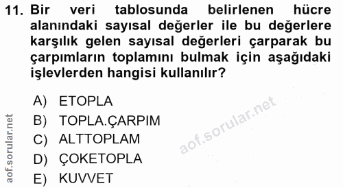 11. soru: Bir veri tablosunda belirlenen hücre alanındaki sayısal değerler ile bu değerlere karşılık gelen sayısal değerleri ça…