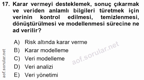 17. soru: Karar vermeyi desteklemek, sonuç çıkarmak ve veriden anlamlı bilgileri türetmek için verinin kontrol edilmesi, temizl…