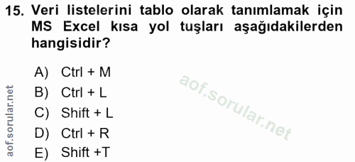 15. soru: Veri listelerini tablo olarak tanımlamak için MS Excel kısa yol tuşları aşağıdakilerden hangisidir? A) Ctrl + M B) Ct…