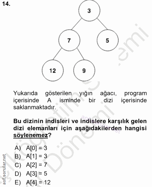14. soru: 3 7 12 9 Yukarıda gösterilen yığın ağacı, program içerisinde isminde bir dizi içerisinde saklanmaktadır. Bu dizinin i…