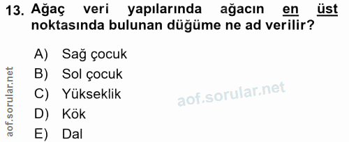 13. soru: Ağaç veri yapılarında ağacın en üst noktasında bulunan düğüme ne ad verilir? A) Sag çocuk B) Sol çocuk C) Yükseklik D…