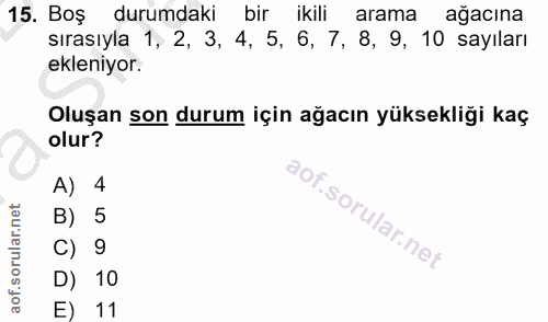 15. soru: Boş durumdaki bir ikili arama ağacına sırasıyla 1, 2, 3, 4, 5, 6, 7, 8, 9, 10 sayıları ekleniyor. Oluşan son durum iç…