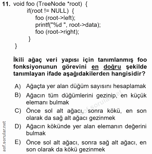 11. soru: void foo (TreeNode *root) { if (root != NULL) { foo (root->left); printf("%d ", root->data); foo (root->right); Ikili…