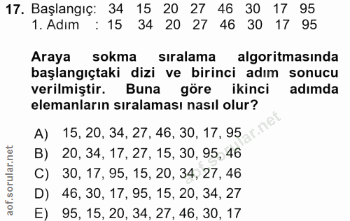 17. soru: Başlangıç: 34 15 20 27 46 30 17 95 1. Adım : 15 34 20 27 46 30 17 95 Araya sokma sıralama algoritmasında başlangıçtak…