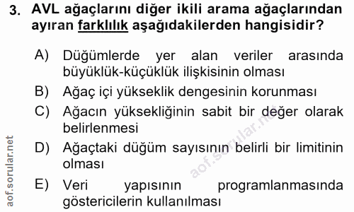 3. soru: AVL ağaçlarını diğer ikili arama ağaçlarından ayıran farklılık aşağıdakilerden hangisidir? A) Düğümlerde yer alan ver…