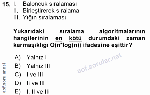 15. soru: I. Baloncuk sıralaması II. Birleştirerek sıralama IlI. Yığın sıralaması Yukarıdaki siralama algoritmalarının hangiler…