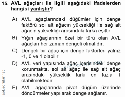 15. soru: AVL ağaçları ile ilgili aşağıdaki ifadelerden hangisi yanlıştır? A) AVL ağaçlarındaki düğümler için denge faktörü sol…