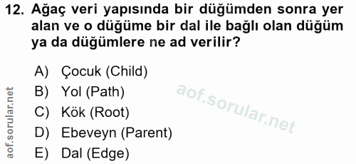 12. soru: Ağaç veri yapısında bir düğümden sonra yer alan ve o düğüme bir dal ile bağlı olan düğüm ya da düğümlere ne ad verili…