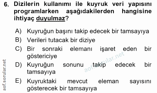 6. soru: Dizilerin kullanımı ile kuyruk veri yapısını programlarken aşağıdakilerden hangisine ihtiyaç duyulmaz? A) Kuyruğun ba…