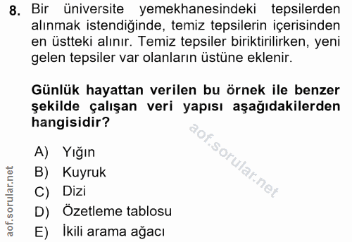 8. soru: Bir üniversite yemekhanesindeki tepsilerden alınmak istendiğinde, temiz tepsilerin içerisinden en üstteki alınır. Tem…