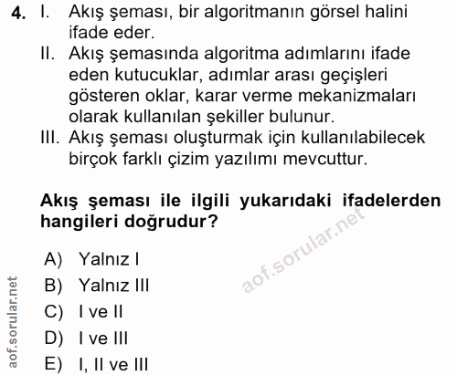 4. soru: l. Akış şeması, bir algoritmanın görsel halini ifade eder. II. Akış şemasında algoritma adımlarını ifade eden kutucuk…