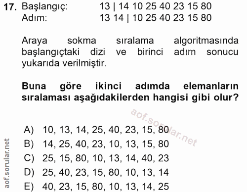 17. soru: Başlangıç: 13 | 14 10 25 40 23 15 80 Adım: 13 14 | 10 25 40 23 15 80 Araya sokma sıralama algoritmasında başlangıçtak…
