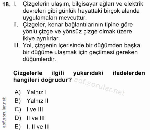 18. soru: I. Çizgelerin ulaşım, bilgisayar ağları ve elektrik devreleri gibi günlük hayattaki birçok alanda uygulamaları mevcut…
