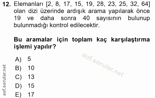 12. soru: Elemanları [2, 8, 17, 15, 19, 28, 23, 25, 32, 64] olan dizi üzerinde ardışık arama yapılarak önce 19 ve daha sonra 40…