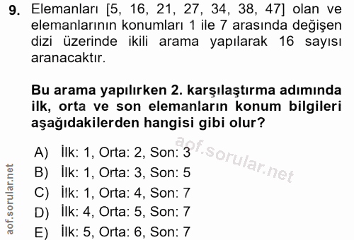 9. soru: Elemanları [5, 16, 21, 27, 34, 38, 47] olan ve elemanlarının konumları 1 ile 7 arasında değişen dizi üzerinde ikili a…
