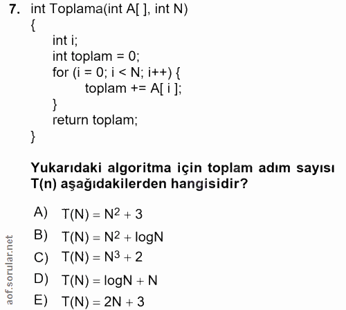 7. soru: int Toplama(int A[ ], int N) int i; int toplam = 0; for (i = 0; i < N; i++){ toplam += A[i]; return toplam; Yukarıdak…