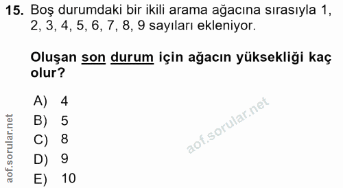 15. soru: Boş durumdaki bir ikili arama ağacına sırasıyla 1, 2, 3, 4, 5, 6, 7, 8, 9 sayıları ekleniyor. Oluşan son durum için a…