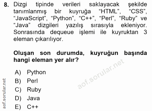 8. soru: Dizgi tipinde verileri saklayacak şekilde tanımlanmış bir kuyruğa "HTML", "CSS", "JavaScript", "Python", "Ct+", ", "P…