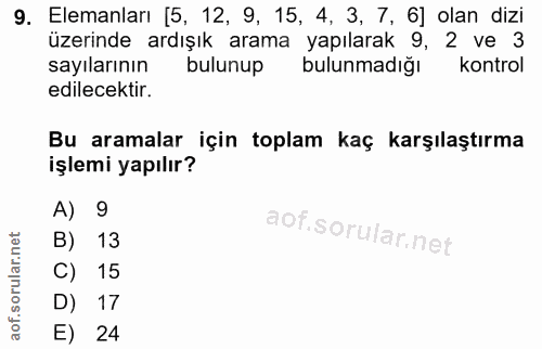 9. soru: Elemanları [5, 12, 9, 15, 4, 3, 7, 6] olan dizi üzerinde ardışık arama yapılarak 9, 2 ve 3 sayılarının bulunup bulunm…