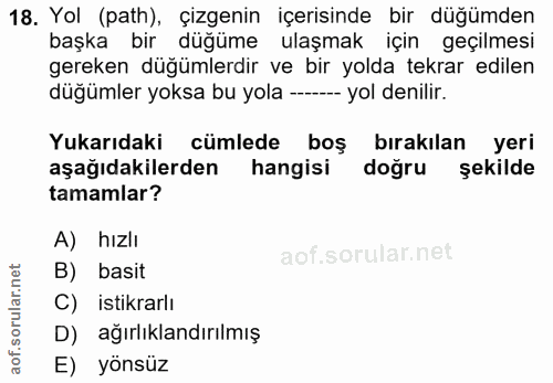 18. soru: Yol (path), çizgenin içerisinde bir düğümden başka bir düğüme ulaşmak için geçilmesi gereken düğümlerdir ve bir yolda…