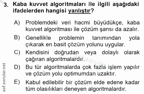 3. soru: Kaba kuvvet algoritmaları ile ilgili aşağıdaki ifadelerden hangisi yanlıştır? A) Problemdeki veri hacmi büyüdükçe, ka…