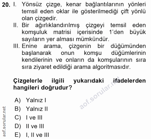 20. soru: I. Yönsüz çizge, kenar bağlantılarının yönleri temsil eden oklar ile gösterilmediği çift yönlü olan çizgedir. II. Bir…