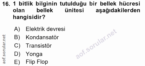 16. soru: 1 bitlik bilginin tutulduğu bir bellek hücresi olan bellek ünitesi aşağıdakilerden hangisidir? A) Elektrik devresi B)…