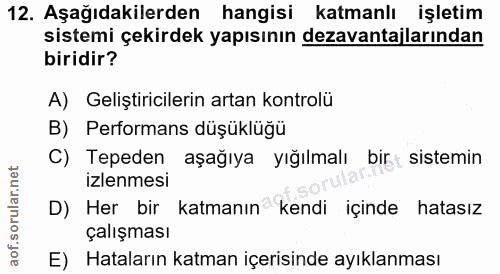 12. soru: Aşağıdakilerden hangisi katmanlı işletim sistemi çekirdek yapısının dezavantajlarından biridir? A) Geliştiricilerin a…