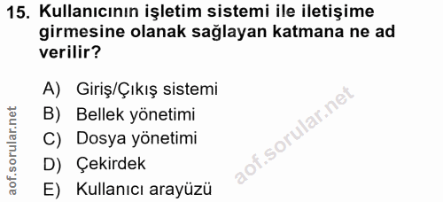 15. soru: Kullanıcının işletim sistemi ile iletişime girmesine olanak sağlayan katmana ne ad verilir? A) Giriş/Çıkış sistemi B)…