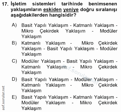 17. soru: Işletim sistemleri tarihinde benimsenen yaklaşımların eskiden yeniye doğru sıralanışı aşağıdakilerden hangisidir? A)…