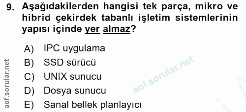 9. soru: Aşağıdakilerden hangisi tek parça, mikro ve hibrid çekirdek tabanlı işletim sistemlerinin yapısı içinde yer almaz? A)…