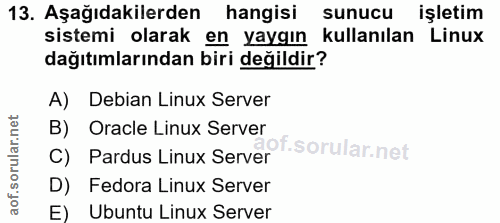 13. soru: Aşağıdakilerden hangisi sunucu işletim sistemi olarak en yaygın kullanılan Linux dağıtımlarından biri değildir? A) De…