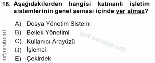18. soru: Aşağıdakilerden hangisi katmanlı işletim sistemlerinin genel şeması içinde yer almaz? A) Dosya Yönetim Sistemi B) Bel…
