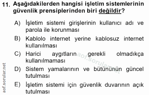 11. soru: Aşağıdakilerden hangisi işletim sistemlerinin güvenlik prensiplerinden biri değildir? A) Işletim sistemi girişlerinin…