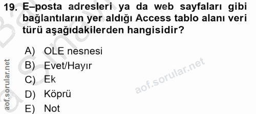 19. soru: E-posta adresleri ya da web sayfaları gibi bağlantıların yer aldığı Access tablo alanı veri türü aşağıdakilerden hang…