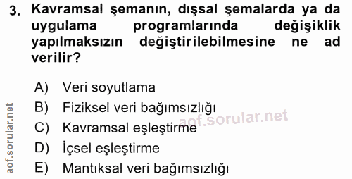 3. soru: Kavramsal şemanın, dışsal şemalarda ya da uygulama programlarinda değişiklik yapılmaksızın değiştirilebilmesine ne ad…