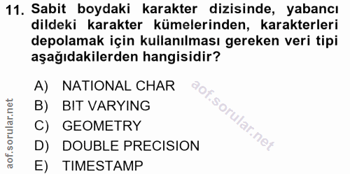 11. soru: Sabit boydaki karakter dizisinde, yabancı dildeki karakter kümelerinden, karakterleri depolamak için kullanılması ger…