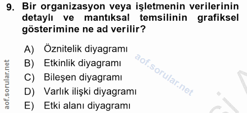 9. soru: Bir organizasyon veya işletmenin verilerinin detaylı ve mantıksal temsilinin grafiksel gösterimine ne ad verilir? A)…