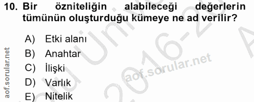 10. soru: Bir özniteliğin alabileceği değerlerin tümünün oluşturduğu kümeye ne ad verilir? A) Etki alanı B) Anahtar of.sörular.…