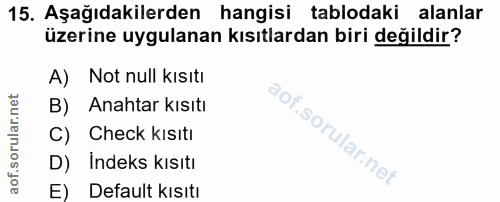 15. soru: Aşağıdakilerden hangisi tablodaki alanlar üzerine uygulanan kısıtlardan biri değildir? A) Not null kısıtı B) Anahtar…