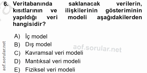 6. soru: Veritabanında saklanacak verilerin, kısıtlarının ve ilişkilerinin gösteriminin yapıldığı veri modeli aşağıdakilerden…