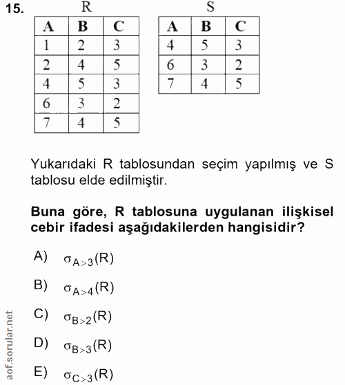 15. soru: R S A A 1 2 4 5 3 4 5 6 3 2 4 5 3 4 5 6 3 2 7 4 5 Yukarıdaki R tablosundan seçim yapılmış ve S tablosu elde edilmiști…