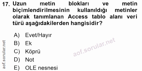 17. soru: Uzun metin blokları ve metin biçimlendirilmesinin kullanıldığı metinler olarak tanımlanan Access tablo alanı veri tür…