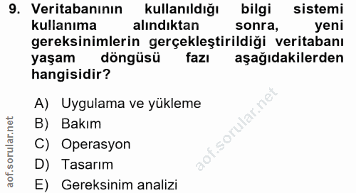 9. soru: Veritabanının kullanıldığı bilgi sistemi kullanıma alındıktan sonra, yeni gereksinimlerin gerçekleştirildiği veritaba…