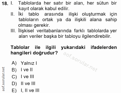 18. soru: I. Tablolarda her satır bir alan, her sütun bir kayıt olarak kabul edilir. Il. Iki tablo arasında ilişki oluşturmak i…