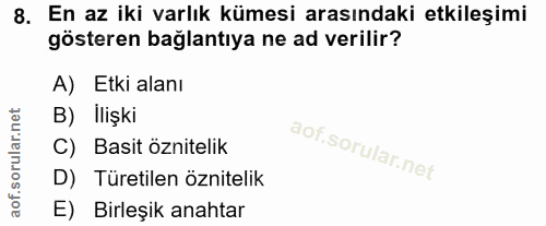8. soru: En az iki varlık kümesi arasındaki etkileşimi gösteren bağlantıya ne ad verilir? A) Etki alanı B) İlişki C) Basit özn…