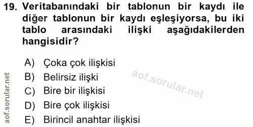 19. soru: Veritabanındaki bir tablonun bir kaydı ile diğer tablonun bir kaydı eşleşiyorsa, bu iki tablo arasındaki ilişki aşağı…