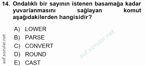 14. soru: Ondalıklı bir sayının istenen basamağa kadar yuvarlanmasını sağlayan komut aşağıdakilerden hangisidir? A) LOWER B) PA…